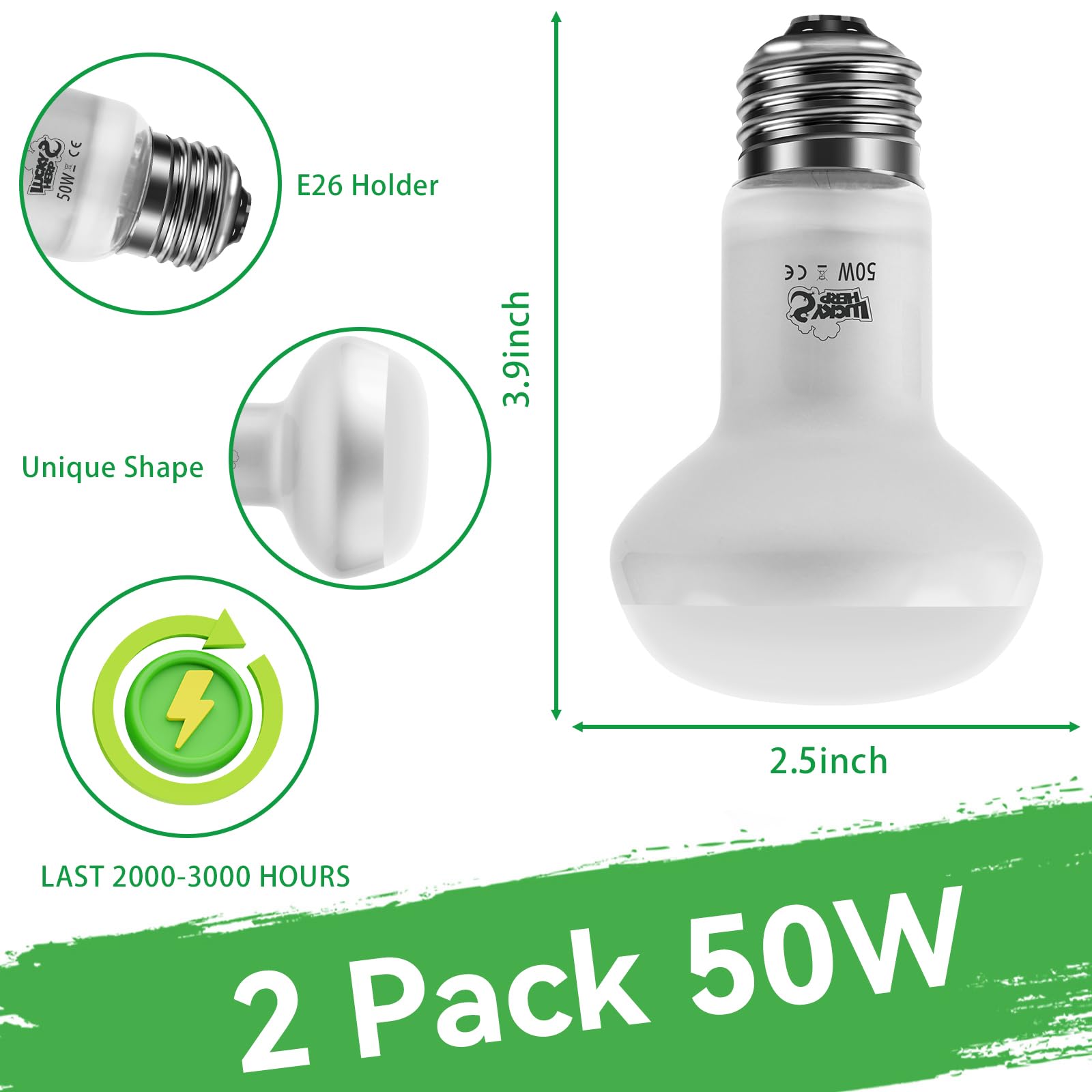 LUCKY HERP Intense Heat Lamp Bulbs for Reptiles 50W 2 Pack, UVA Daylight Reptile Heat Lamp, Reptile Basking Heat Light Bulb for